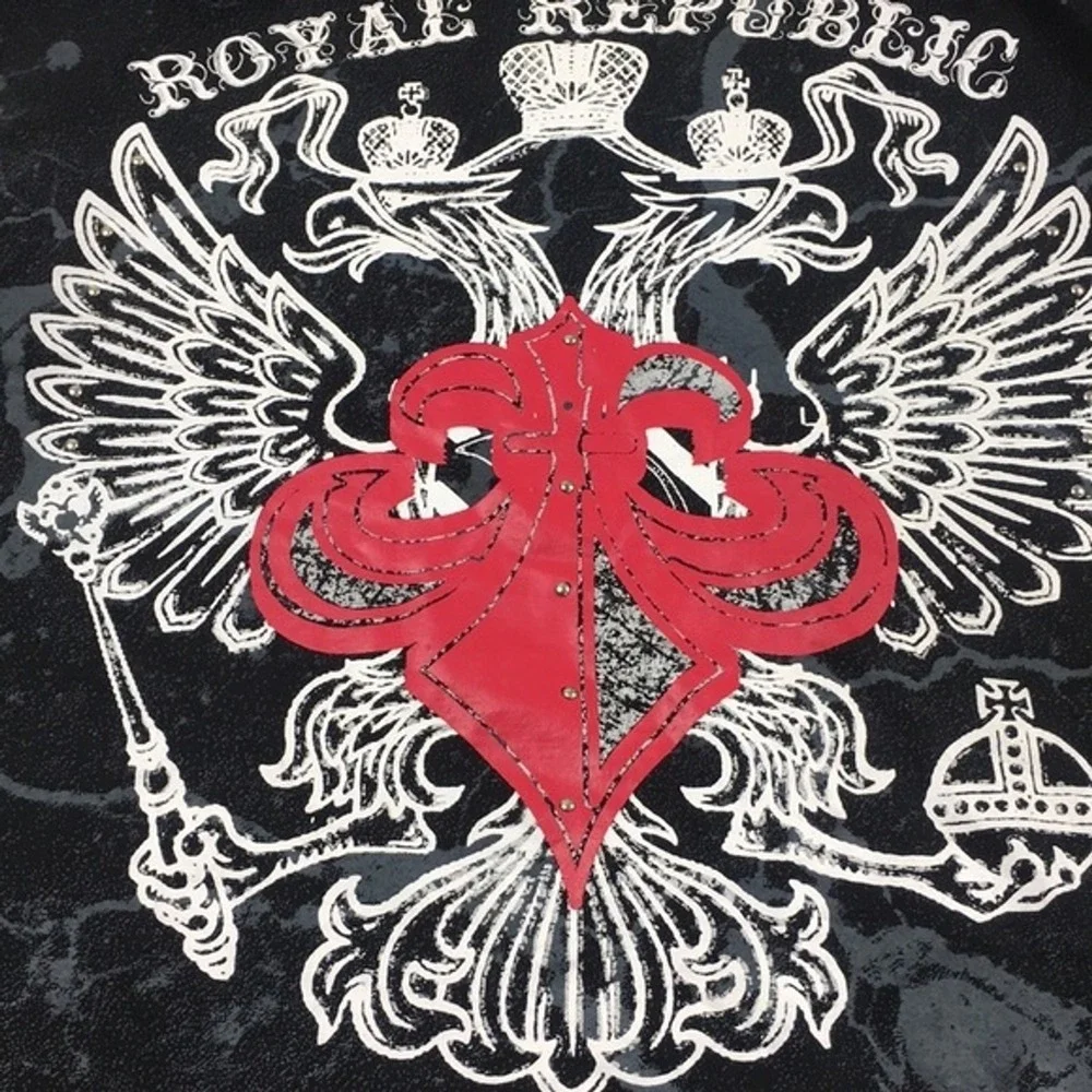 Royal Republic Mens2XL Black Marble Acid Wash Graphic T-Shirt Fleur De Lis Eagle